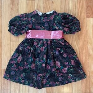 Vintage Girls Velvet Floral Dress, bow, sash, buttons, 3T